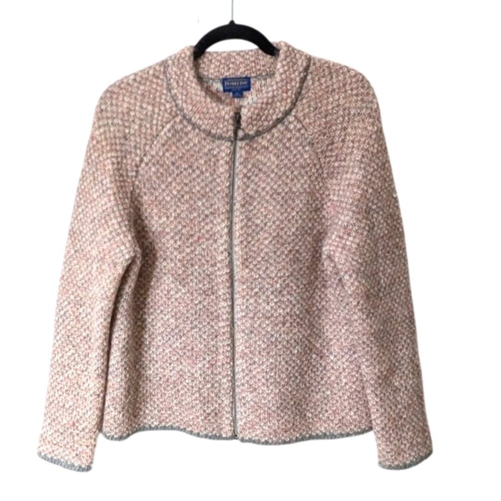 Pendleton Wool Alpaca Mohair Blend Pink‎ Tweed Zip-Up Cardigan Sweater Size L